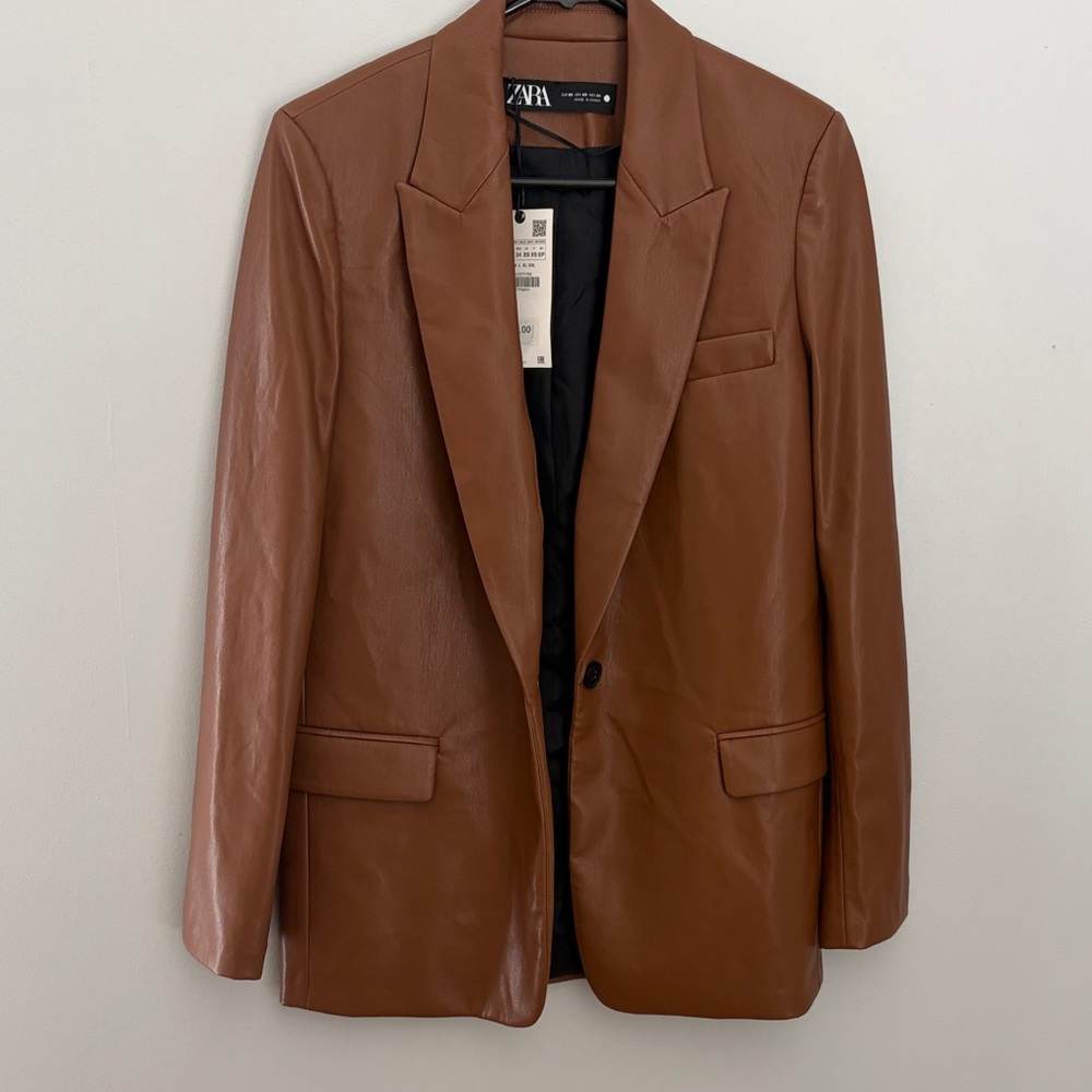 NWT Zara Cognac Brown Faux Leather Blazer
